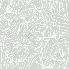 Peony Outline Floral // White on Soft Grey