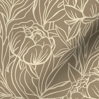 Peony Outline Floral // Almond on Sparrow Grey Brown