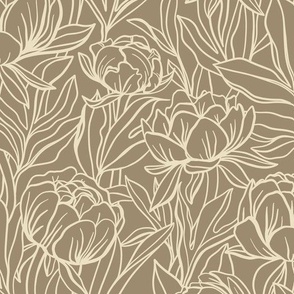 Peony Outline Floral // Almond on Sparrow Grey Brown