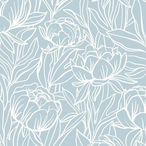 Peony Outline Floral // White on Light Blue