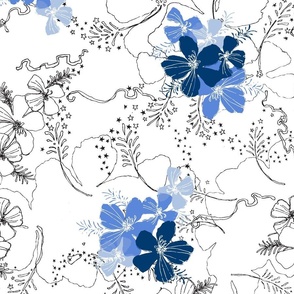 Hawaiian Garden Floral - black, white and blues