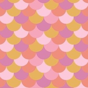 Mermaid scallop, scales in a summery, color palette of pink, lilac, and mustard.