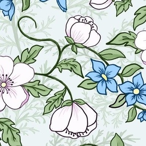 Romantic Appleblossoms and Blue Flowers on Pale Sage and Ferns