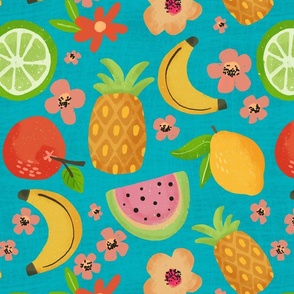 NO AI_Colorful Block Print Tropical Fruits_leaves and flowers blue_Large