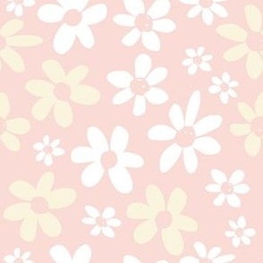 Cats In The Garden - Coordinate Hand Drawn Daisies- Cream And White On Pink.