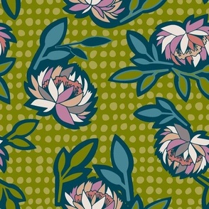 medium // Lotus Flower Floral in Coral and Teal on Green Fabric // 10"