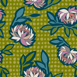 jumbo // Lotus Flower Floral in Coral and Teal on Green Fabric // 24”