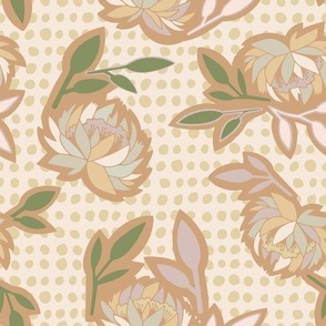 medium // Lotus Flower Floral in Blush Pink and Lavender on Cream and Ochre Polka Dot Fabric // 10”