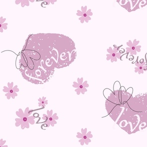 forever love - pink hearts and flowers - light pink background - large scale