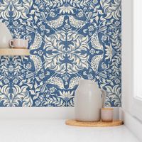 Victorian damask with kissing birds- panna cotta and blue ridge of east fork- large scale /18" fabric // 24" wallpaper