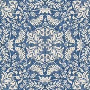 Victorian damask with kissing birds- panna cotta and blue ridge of east fork- large scale /18" fabric // 24" wallpaper