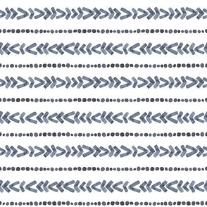 Tribal Stripes - horisontal rows of freehand watercolor arrows - indigo blue on white