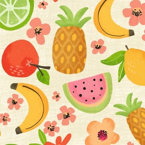 Colorful Block Print Tropical Fruits_leaves and flowers cream_Large
