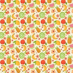 Colorful Block Print Tropical Fruits_leaves and flowers cream_Small