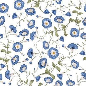18" a blue summer morning glory climbers meadow  - nostalgic  home decor on white,  Baby Girl and nursery fabric perfect for kidsroom wallpaper, kids room, kids decor double layer