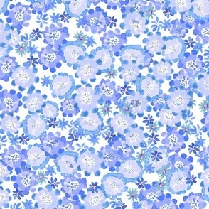 lilac, purple painted flowers, little flowers, scattered floral on white  background for fabric