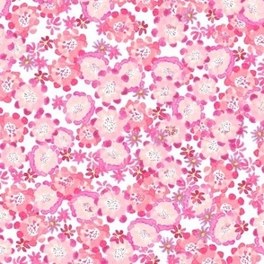 pink painted flowers, little flowers, scattered floral on white background for fabric