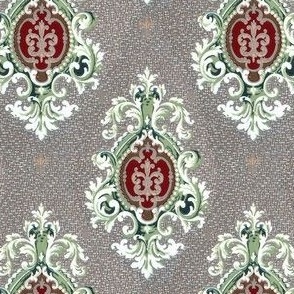 florid medallions in white, forest green and burgundy