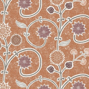 Block print garden flowers trailing branches earth tones - large scale
