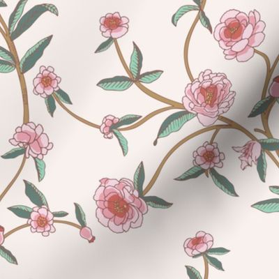 Chinoiserie trailing blush rose floral branches on light pink background