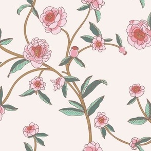 Chinoiserie trailing blush rose floral branches on light pink background