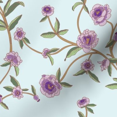Chinoiserie trailing purple rose floral branches on sky blue  background