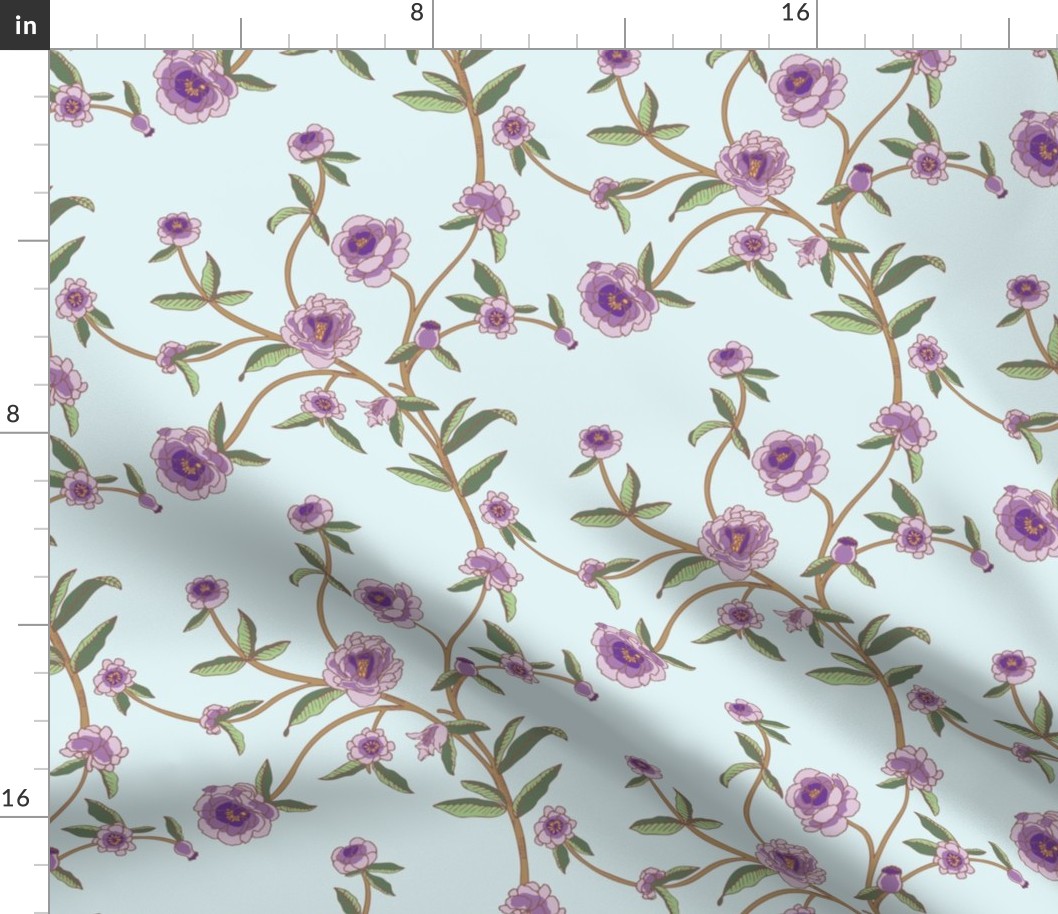 Chinoiserie trailing purple rose floral branches on sky blue  background