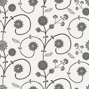 Block print garden flowers trailing stems black and white - large scale