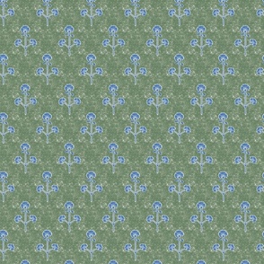 Block print stylized garden flowers textured green cobalt blue - medium scale