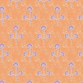 Block print stylized garden flowers peach orange lilac - large scale