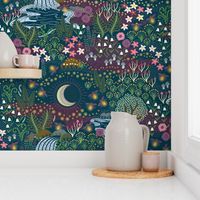 Cozy dreams of fireflies - magical night meadow with waterfall, moon and flowers - purple, pink, green, blue - jumbo