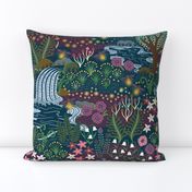 Cozy dreams of fireflies - magical night meadow with waterfall, moon and flowers - purple, pink, green, blue - jumbo