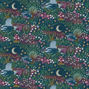 Cozy dreams of fireflies - magical night meadow with waterfall, moon and flowers - purple, pink, green, blue - mid-large