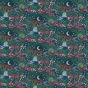 Cozy dreams of fireflies - magical night meadow with waterfall, moon and flowers - purple, pink, green, blue - medium