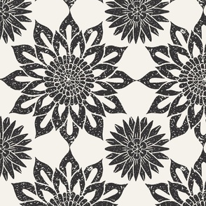 Block print linocut sunflowers and dahlia black and white - large scale