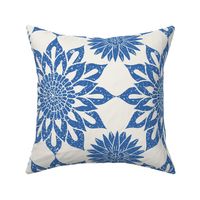 Block print linocut sunflowers and dahlia cobalt blue - large scale