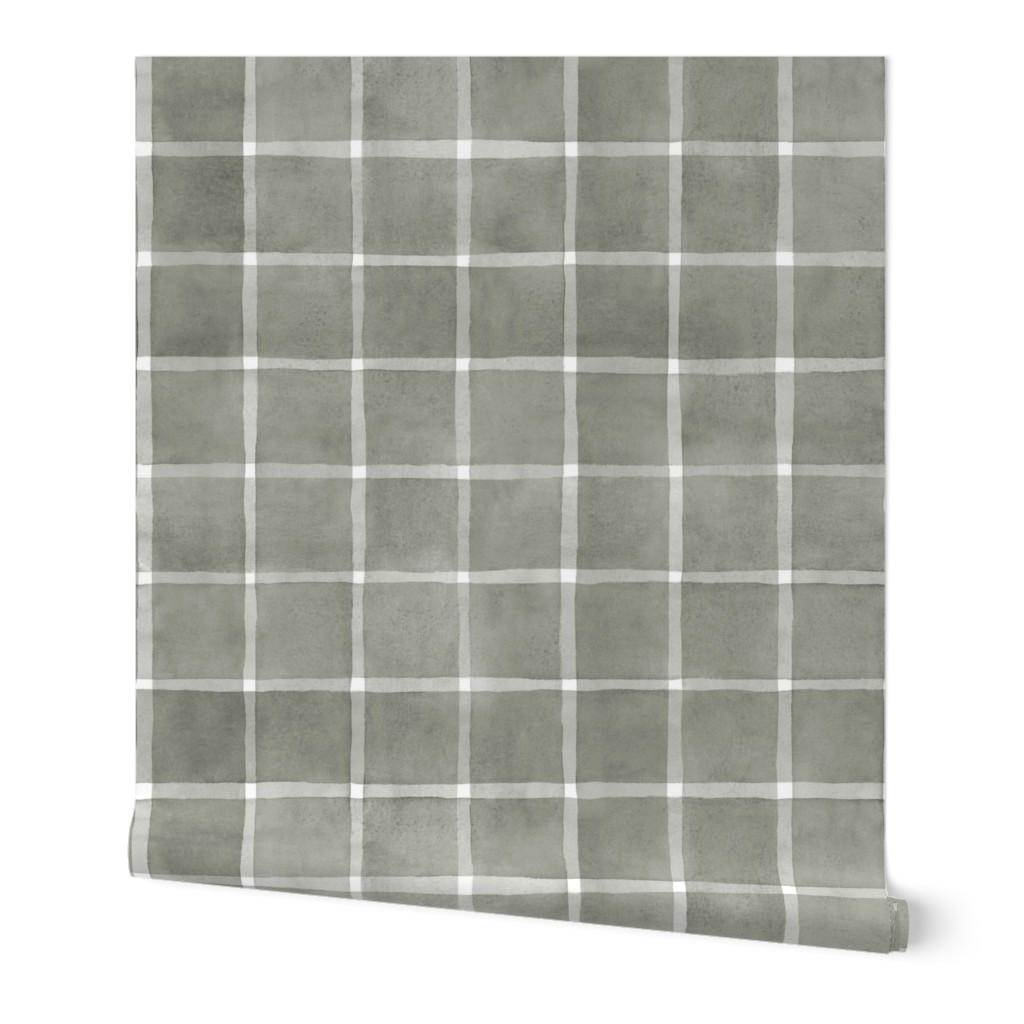 Evergreen Fog Window pane Check Gingham - Large Scale - Green Grey Gray Windowpane