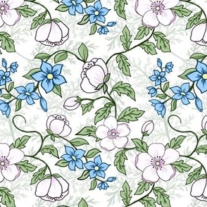 Medium Romantic Appleblossoms and Blue Flowers on Pale Sage Ferns