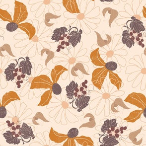 whimsical thanksgiving orange flowers, brown grapes and leaves on light textured