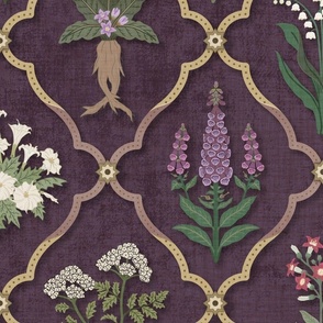 Poisonous plants traditional botanical trellis - datura, hemlock, nightshade, mandrake - burgundy - extra large