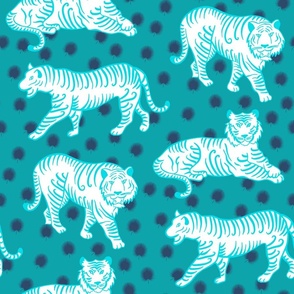 walking and sitting tigers in teal and light blue | medium