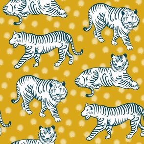 blue and white stylised tigers on gold | medium