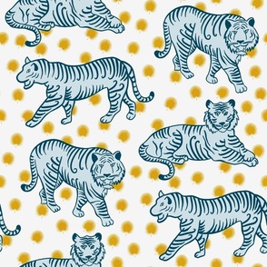 walking and sitting tigers in blue, gold and light gray | medium