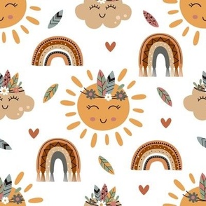 tribal sun, cloud and rainbow on white background