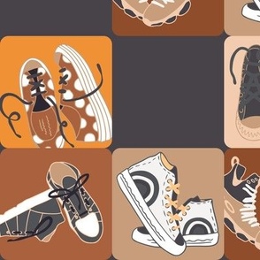 Colorful sneakers (M) on the checkerboard  - orange, black, grey, apricot orange, brown