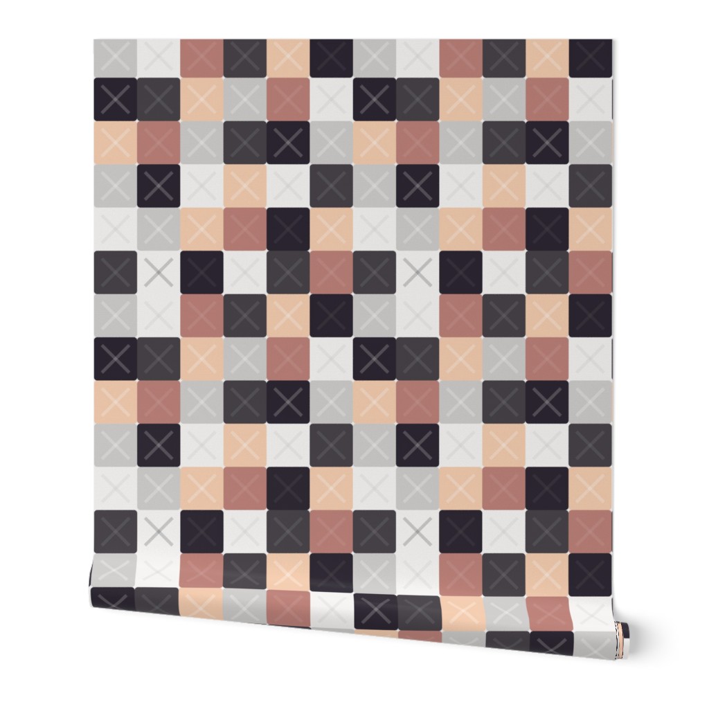 Colorful (M) checkerboard with crosses - apricot orange, gunmetal grey, gray, white, black