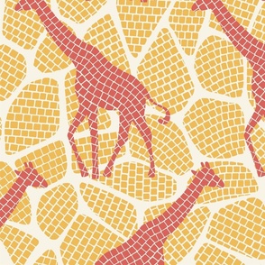 Giraffe mosaic with giraffe silhouettes and spots yellow coral orange wallpaper - large scale