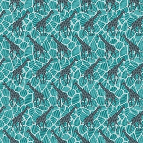 Giraffe mosaic with giraffe silhouettes and spots cyan turquoise blue fabric - small scale