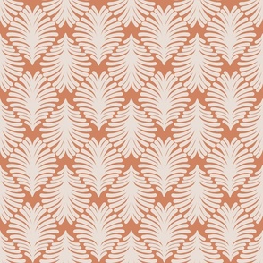 Botanical Feather-like Tear Drop Diamond Shape with Hand-Drawn Organic Off-White Leaves on Earthy Peach Orange in Modern Minimalistic Farmhouse Aesthetic for Cottage Chic Upholstery, Kitchen Wallpaper & Scandinavian Home Décor
