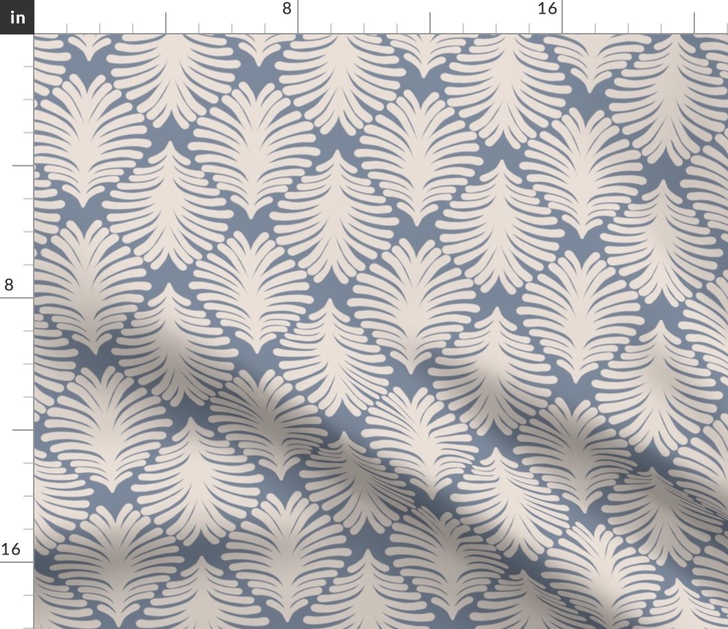 Botanical Feather-like Tear Drop Diamond Shape with Hand-Drawn Organic Off-White Leaves on Cornflower Blue in Modern Minimalistic Farmhouse Aesthetic for Cottage Chic Upholstery, Kitchen Wallpaper & Scandinavian Home Décor